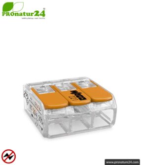 WAGO compact splicing connector, series 221 | Model 221-413 | for 3 solid, fine-stranded and stranded cables | Conductor cross-section 0.14mm² to 4mm² | 450V / 32 A | Alternative to classic connector blocks