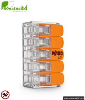 WAGO compact splicing connector, series 221 | Model 221-415 | for 5 solid, fine-stranded and stranded cables | Conductor cross-section 0.14mm² to 4mm² | 450V / 32 A | Alternative to classic connector blocks