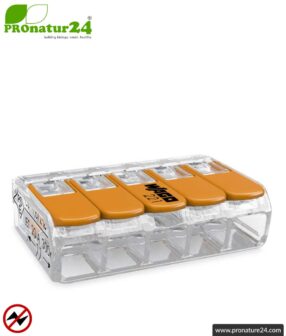 WAGO compact splicing connector, series 221 | Model 221-415 | for 5 solid, fine-stranded and stranded cables | Conductor cross-section 0.14mm² to 4mm² | 450V / 32 A | Alternative to classic connector blocks