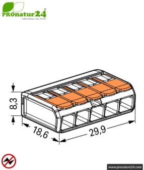 WAGO compact splicing connector, series 221 | Model 221-415 | for 5 solid, fine-stranded and stranded cables | Conductor cross-section 0.14mm² to 4mm² | 450V / 32 A | Alternative to classic connector blocks