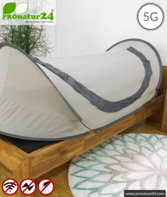 Pop up shielding tent SAFECAVE for single bed | throw up tent with 99.99% RF shielding effect (42 dB) | mobile electrosmog canopy | groundable