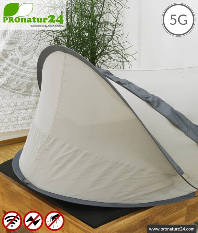 Pop up shielding tent SAFECAVE for single bed | throw up tent with 99.99% RF shielding effect (42 dB) | mobile electrosmog canopy | groundable