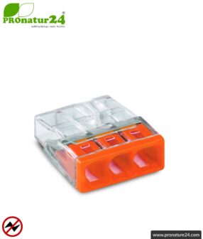 WAGO compact splicing connector | model 2273-203 | for 3 solid conductors | conductor cross-section 0.5 to 2.5 mm² | 450V / 24 A | 100 pieces per pack
