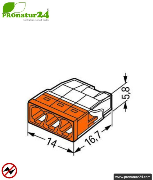 WAGO compact splicing connector | model 2273-203 | for 3 solid conductors | conductor cross-section 0.5 to 2.5 mm² | 450V / 24 A | 100 pieces per pack