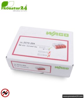 WAGO compact splicing connector | model 2273-204 | for 4 solid conductors | conductor cross-section 0.5 to 2.5 mm² | 450V / 24 A | 100 pieces per pack