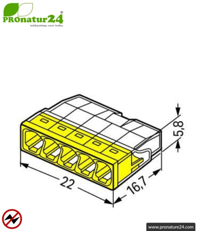 WAGO compact splicing connector | model 2273-205 | for 5 solid conductors | conductor cross-section 0.5 to 2.5 mm² | 450V / 24 A | 100 pieces per pack