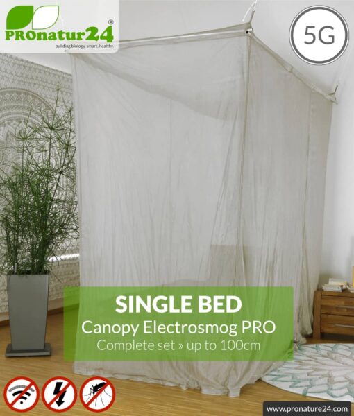 Shielding canopy Electrosmog PRO | 99.999% screening attentuation against WIFI, RF radiation (HF shielding up to 50dB) | groundable | effective against 5G! Single bed. Set.