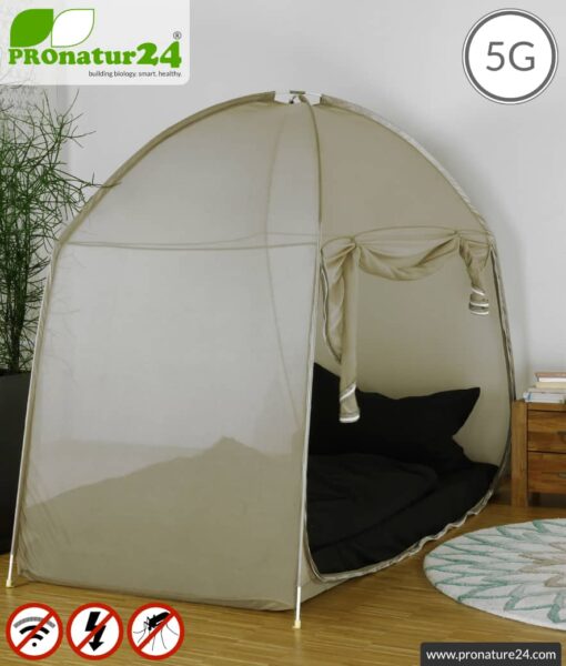 Shielding tent SAFECAVE for single bed | > 99.99 % efficiency (screening attentuation up to 47 dB) | Mobile full protection against electrosmog canopy | LF groundable