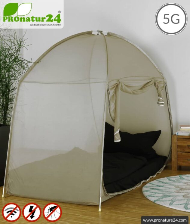 Shielding tent SAFECAVE for single bed | up to 99.99 % efficiency (screening attentuation up to 47 dB) | Mobile full protection against electrosmog canopy | LF groundable