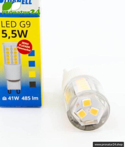 5.5 watt LED G9 by DANELL | CRI 95 | bright like 41 watts, 485 lumen | warm white (2970 K) | flicker-free (< 1%), G9 base (halogen)