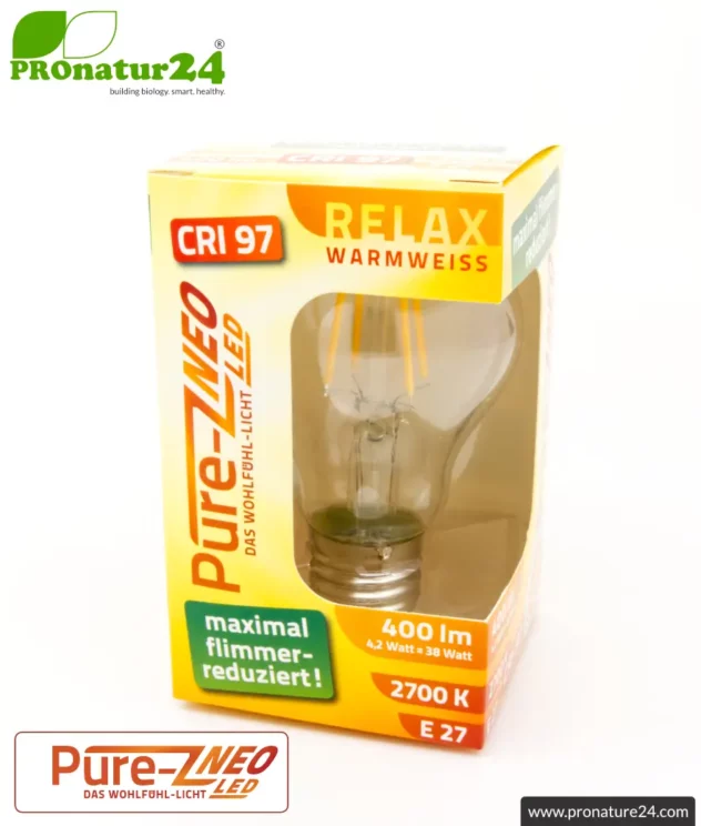 4.2 watts LED filament Pure-Z NEO from BioLicht | CRI 97 | bright as 38 watts, 400 lumen | warm white (2700 K) | flicker-free (< 1%), E27 socket