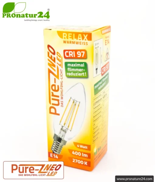 4 watts LED filament candle Pure-Z NEO by BioLicht | CRI 97 | As bright as 38 watts, 400 lumen | Warm white (2700 K) | Flicker-free (< 1%), E14 socket