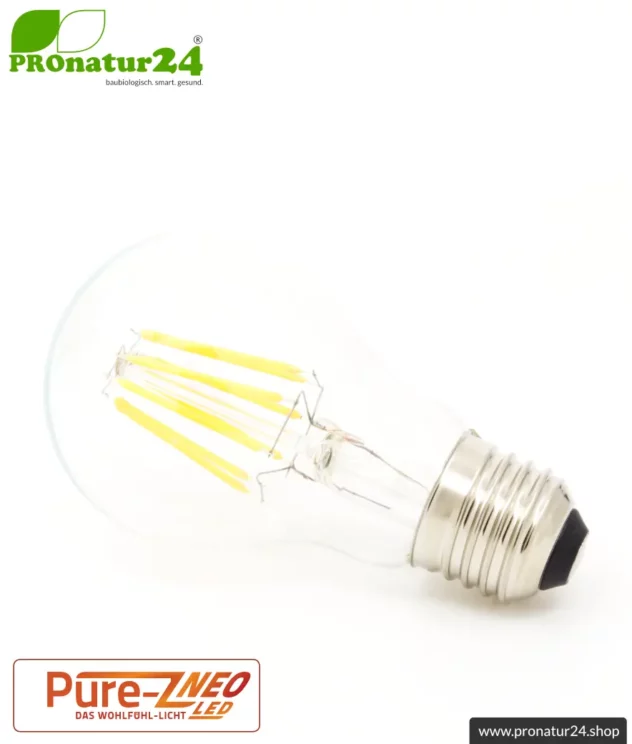 6.4 watts LED filament Pure-Z NEO from BioLicht | CRI 97 | bright as 55 watts, 650 lumen | warm white (2700 K) | flicker-free (< 1%), E27 socket