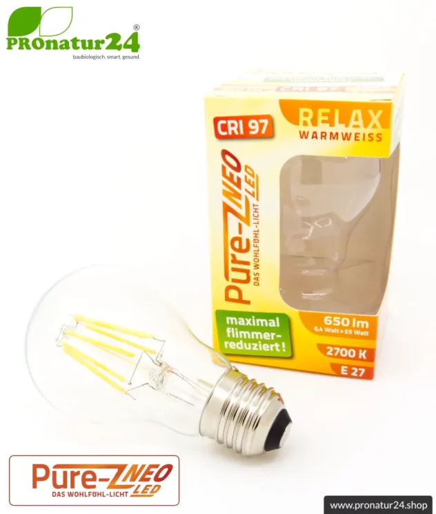 6.4 watts LED filament Pure-Z NEO from BioLicht | CRI 97 | bright as 55 watts, 650 lumen | warm white (2700 K) | flicker-free (< 1%), E27 socket