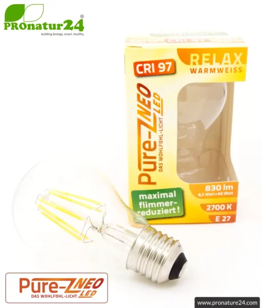 8.2 watts LED filament Pure-Z NEO from BioLicht | CRI 97 | bright as 66 watts, 830 lumen | warm white (2700 K) | flicker-free (< 1%), E27 socket