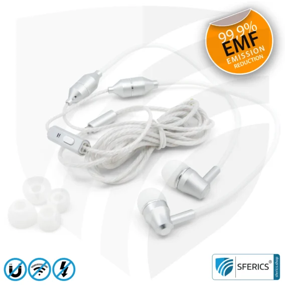 Air Tube In-Ear Stereo Headset with Microphone | AirTube SMART | radiation-free technology without electrosmog | white-silver | with jack plug