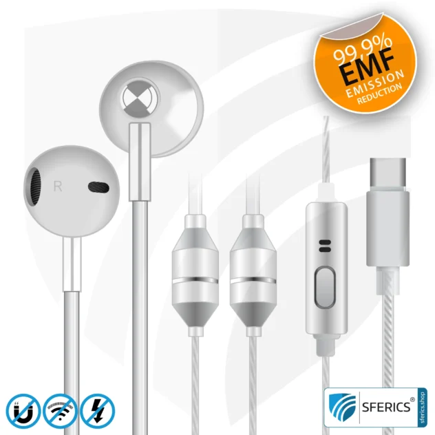 Air Tube Stereo Headset with Microphone | SFERICS® AirTube MINI | radiation-free technology without electrosmog | white-silver | USB C plug