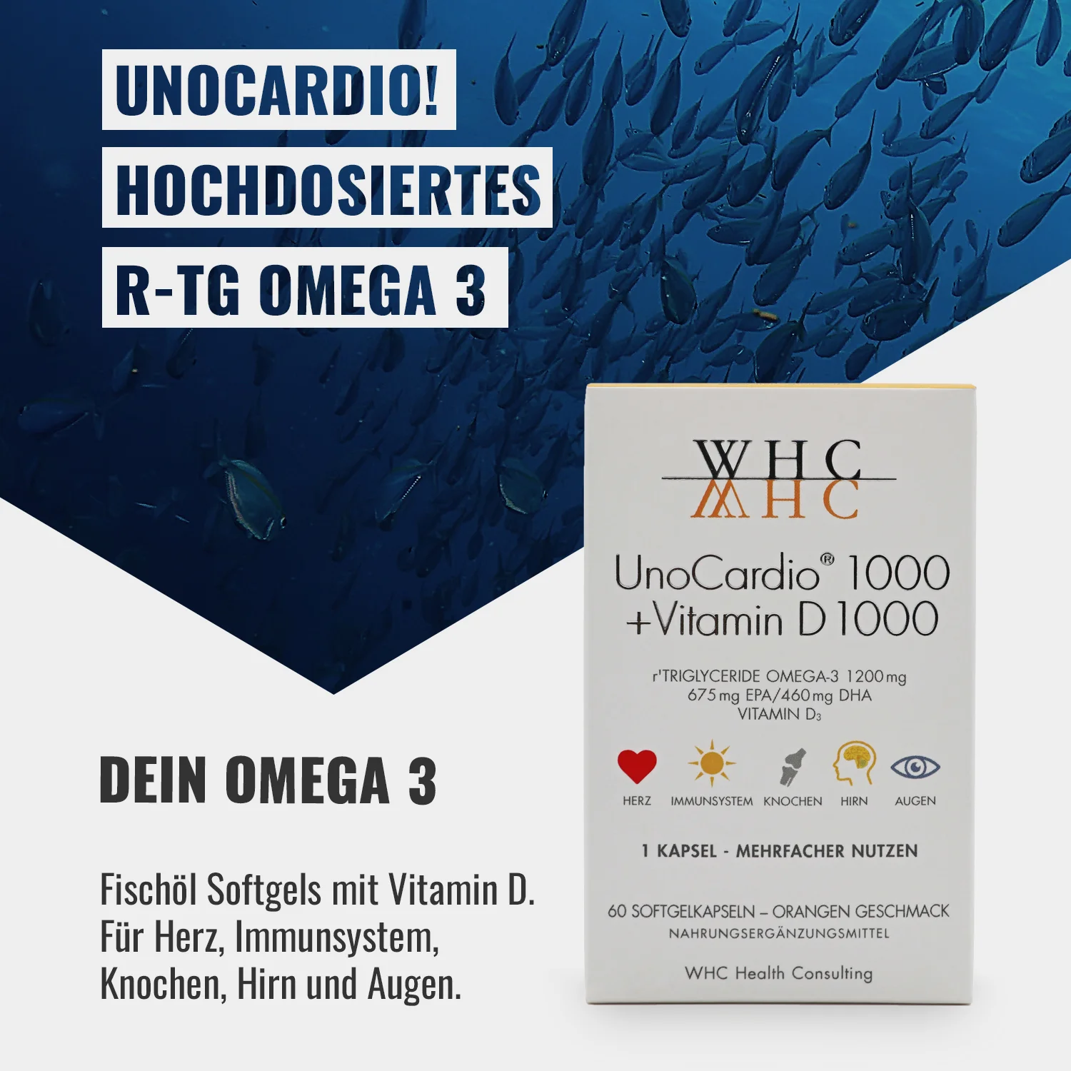 UNOCARDIO! High-dose R-TG Omega 3 | YOUR OMEGA 3 - Fish Oil Softgels with Vitamin D. For heart, immune system, bones, brain and eyes.