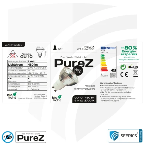 6 watt LED spot Pure-Z NEO | bright as 40 watts, 480 lumens | CRI 97 | flicker-free | warm white | GU10