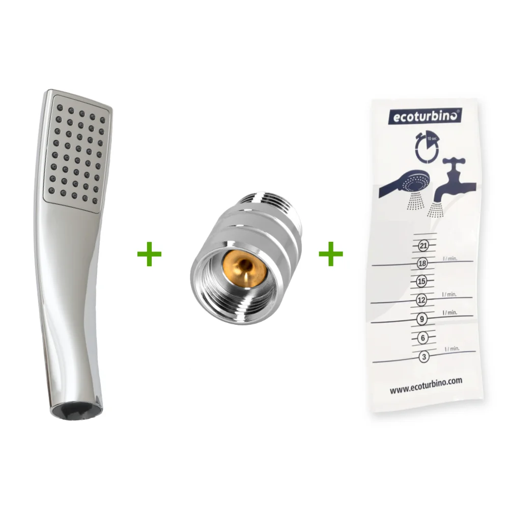 ecoturbino® Shower Upgrade DELUXE SET 10 Legio | ET10L Water Saving Adapter + Designer Handheld Shower Head - Hand Shower | silver. Feedimage.