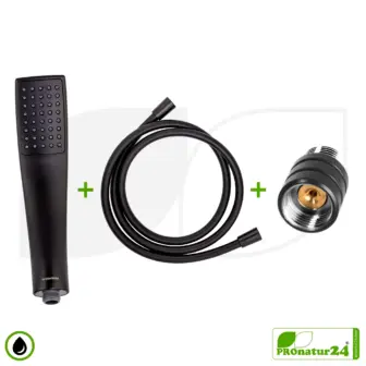 Showerhead DELUXE Shower SET 10 Legio | ecoturbino® ET10L Water-saving Adapter + Shower Hose + DESIGN Shower Head | 2 Colors 11 ecoturbino® deluxe shower set 10 Legio | ET10L water-saving adapter + shower hose + DESIGN shower head | black