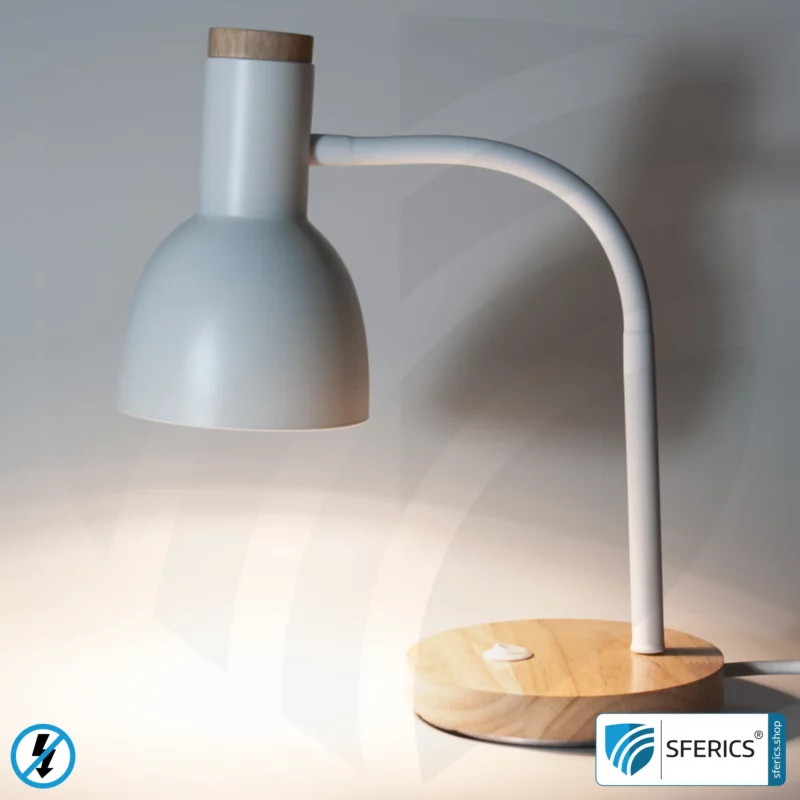 Shielded table lamp BERLIN | powder-coated, white | Gooseneck, rotatable in all directions | Bamboo wooden base | E14 socket + G9 adapter