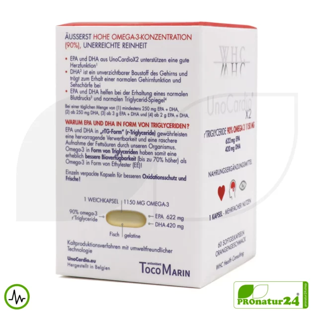 WHC UnoCardio® X2 | 90% OMEGA-3 Fatty Acids - 1150 mg | 60 Orange-Flavored Softgel Capsules