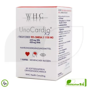 WHC UnoCardio® X2 | 90% OMEGA-3 Fatty Acids - 1150 mg | 60 Orange-Flavored Softgel Capsules