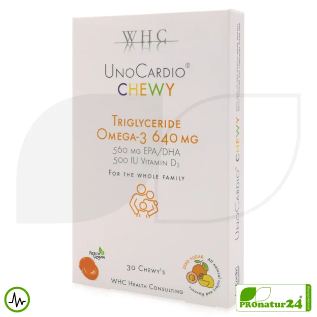 WHC UnoCardio® CHEWY | 640 mg OMEGA-3 Fatty Acids | 30 Gummies for Children | Fruity Lemon, Orange and Passion Fruit Flavour | Sugar-Free
