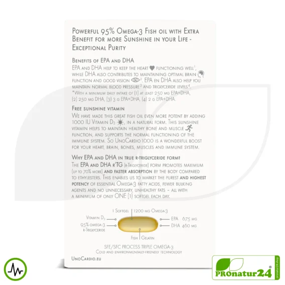 WHC UnoCardio® 1000 + Vitamin D 1000 | OMEGA-3 fatty acids | 60 softgels