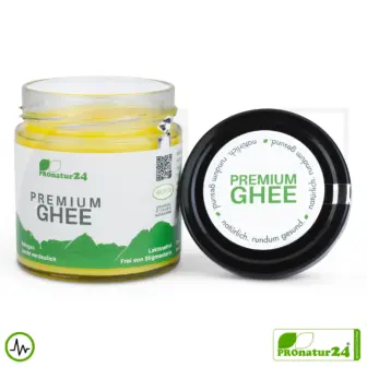 PREMIUM GHEE in GLASS | Ayurvedic clarified butter, made out of 100% hay milk (certified pasture farming AT) | filled by hand | perfect for low-carb and ketogenic diets. 19 PREMIUM GHEE | Ayurvedic clarified butter, made out of 100% hay milk (certified pasture farming AT) | filled by hand in glass | perfect for low-carb and ketogenic diets.