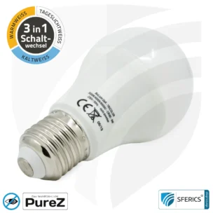 9 watt LED TRICOLOR Pure-Z NEO | 3in1 = 3 switchable light colors | bright like 80 watts, 850 lumens | CRI more than 90 | flicker-free | E27
