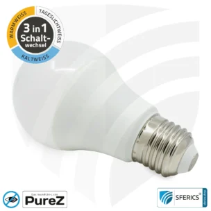 9 watt LED TRICOLOR Pure-Z NEO | 3in1 = 3 switchable light colors | bright like 80 watts, 850 lumens | CRI more than 90 | flicker-free | E27
