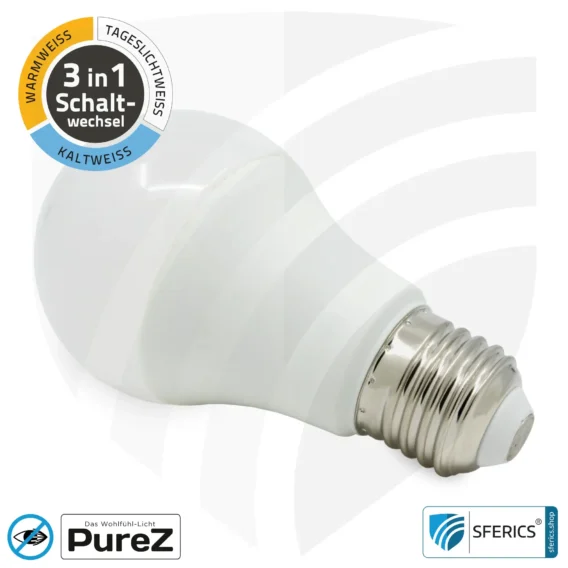 9 watt LED TRICOLOR Pure-Z NEO | 3in1 = 3 switchable light colors | bright like 80 watts, 850 lumens | CRI more than 90 | flicker-free | E27