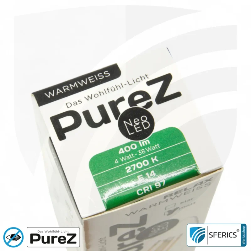 4 watt LED filament candle Pure-Z NEO | bright as 38 watts, 400 lumens | CRI 97 | flicker-free | warm white | E14 | frost