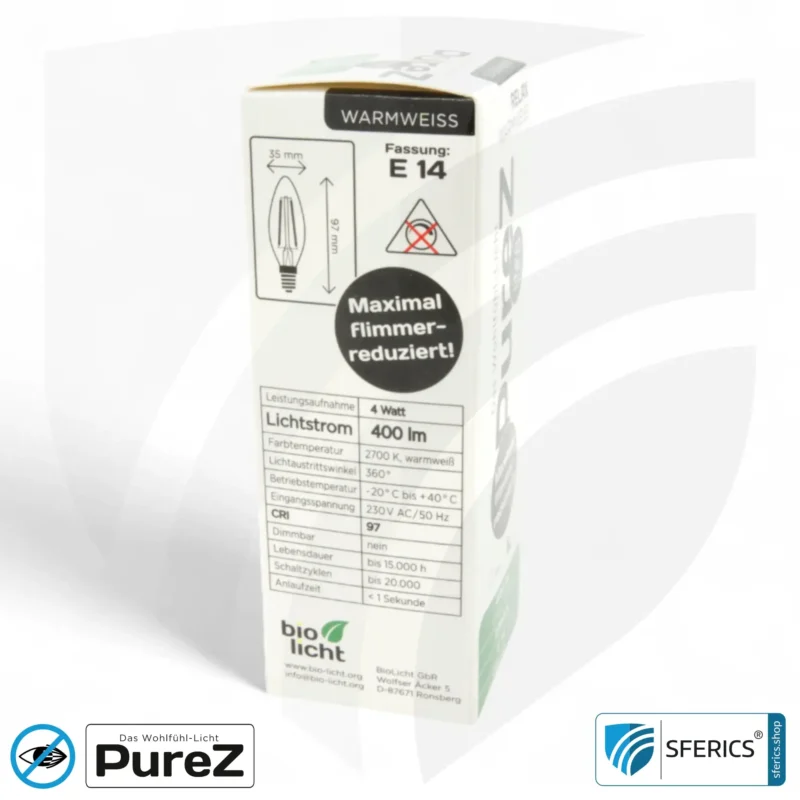 4 watt LED filament candle Pure-Z NEO | bright as 38 watts, 400 lumens | CRI 97 | flicker-free | warm white | E14 | frost