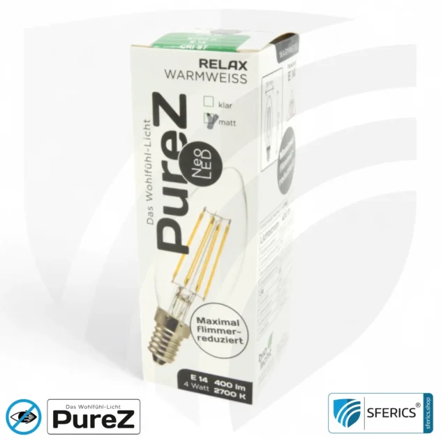 4 watt LED filament candle Pure-Z NEO | bright as 38 watts, 400 lumens | CRI 97 | flicker-free | warm white | E14 | frost