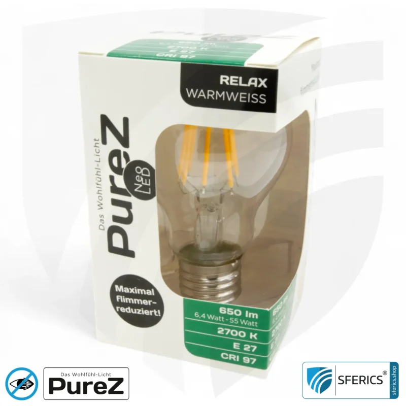 6,4 watt LED filament Pure-Z NEO | bright as 55 watts, 650 lumens | CRI 97 | flicker-free | warm white | E27. clear.