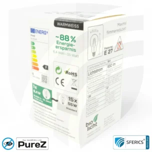 6,4 watt LED filament Pure-Z NEO | bright as 55 watts, 650 lumens | CRI 97 | flicker-free | warm white | E27. clear.