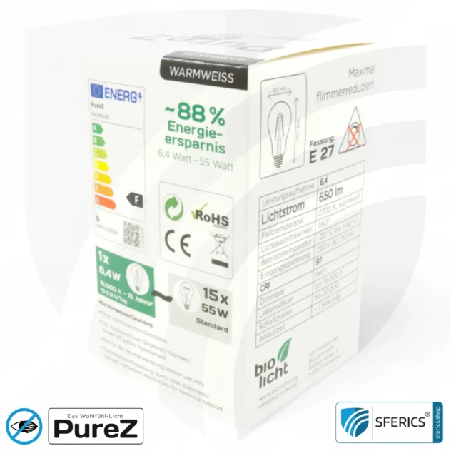 6,4 watt LED filament Pure-Z NEO | bright as 55 watts, 650 lumens | CRI 97 | flicker-free | warm white | E27. clear.