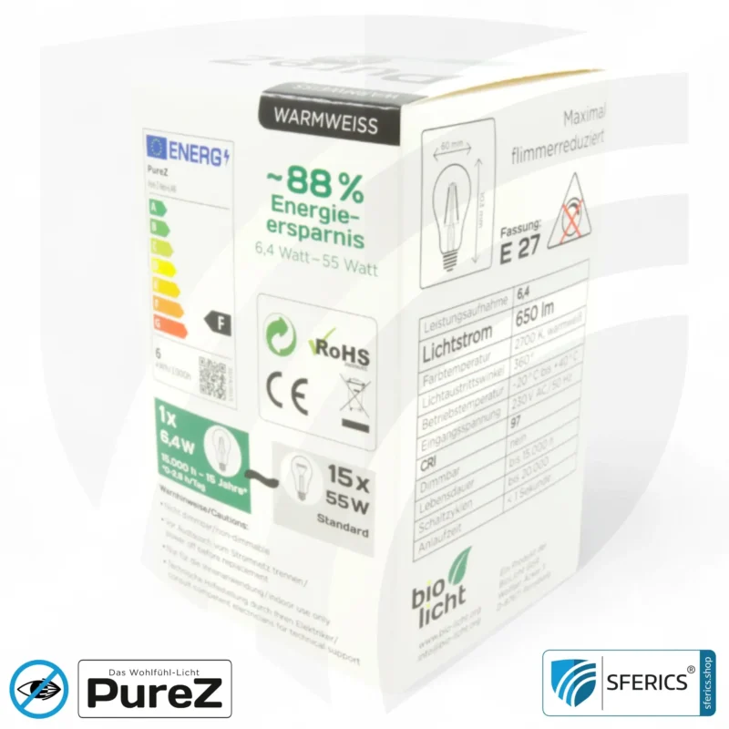 6,4 watt LED filament Pure-Z NEO | bright as 55 watts, 650 lumens | CRI 97 | flicker-free | warm white | E27. clear.