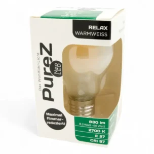 8,2 watt LED filament Pure-Z NEO | bright as 66 watts, 830 lumens | CRI 97 | flicker-free | warm white | E27 | frosted. Feedbild.