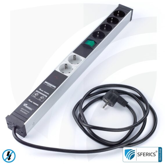 PC socket strip 6-way (4+2), shielded LF | with on/off switch, overvoltage protection and full protection HF filter system up to 80 MHz | type EF Schuko