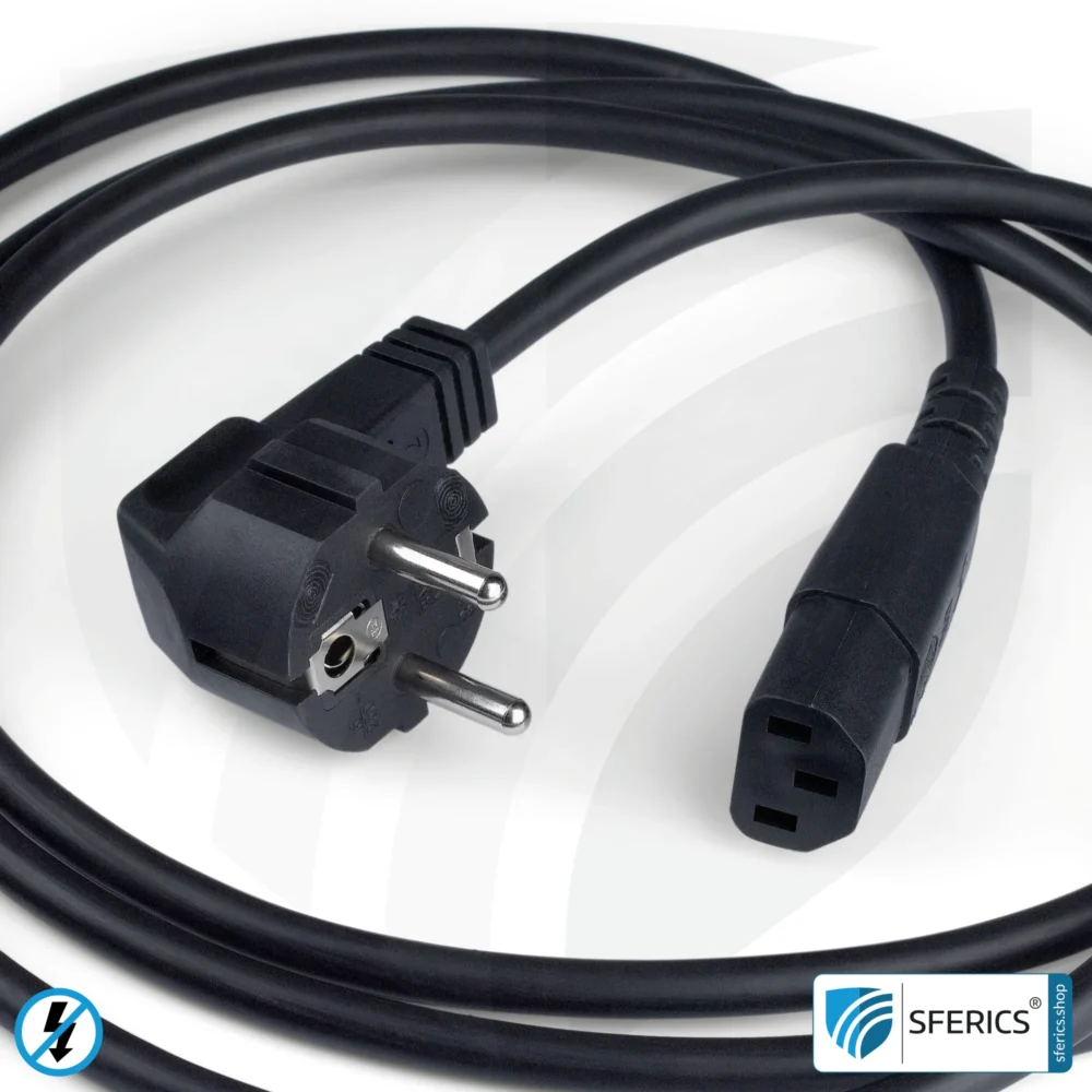Shielded IEC cold appliance cable with C13 plug | black | 2 meters | Cold device connection cable for shielding electrical and magnetic alternating fields LF
