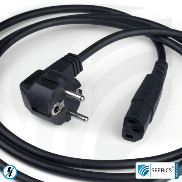 Shielded IEC cold appliance cable with C13 plug | black | 2 meters | Cold device connection cable for shielding electrical and magnetic alternating fields LF