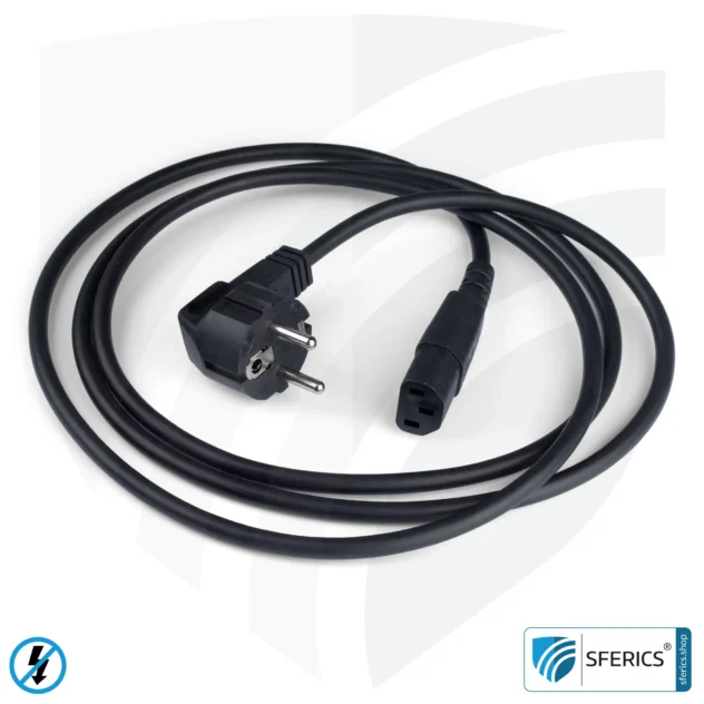 Shielded IEC cold appliance cable with C13 plug | black | 2 meters | Cold device connection cable for shielding electrical and magnetic alternating fields LF