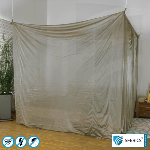 Shielding canopy electrosmog BUDGET | DOUBLE BED or GRAND KING SIZE, box shape | Shielding EMF over 99,99% (44 dB) | Groundable LF | Made in China