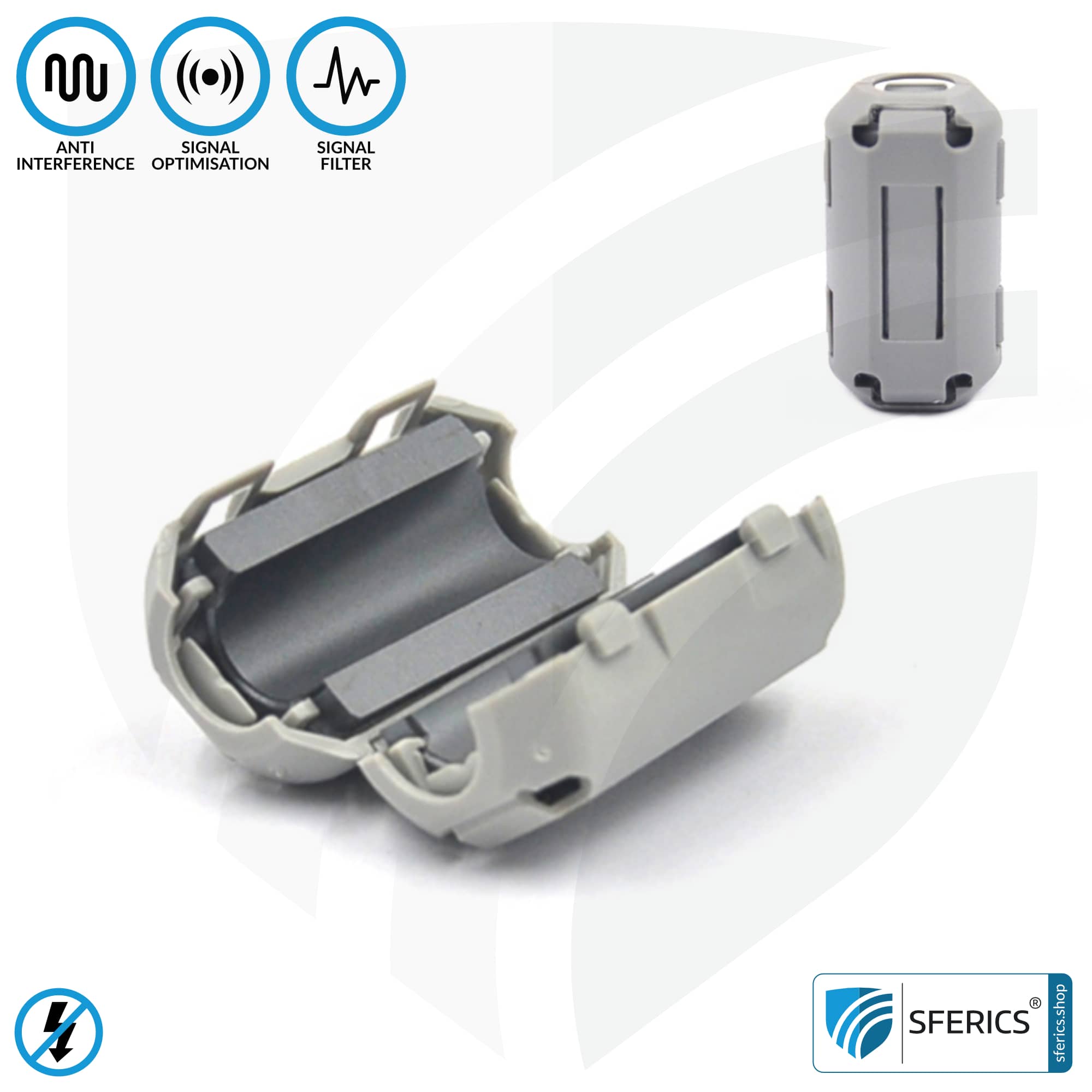 Ferrite core filter against electrosmog in the headset cable | grey, clickable, for 5mm cable | FREE 1 piece as a gift! 5 Ferrite core filter against electrosmog in the headset cable | grey, clickable, for 5mm cable | FREE 1 piece as a gift!