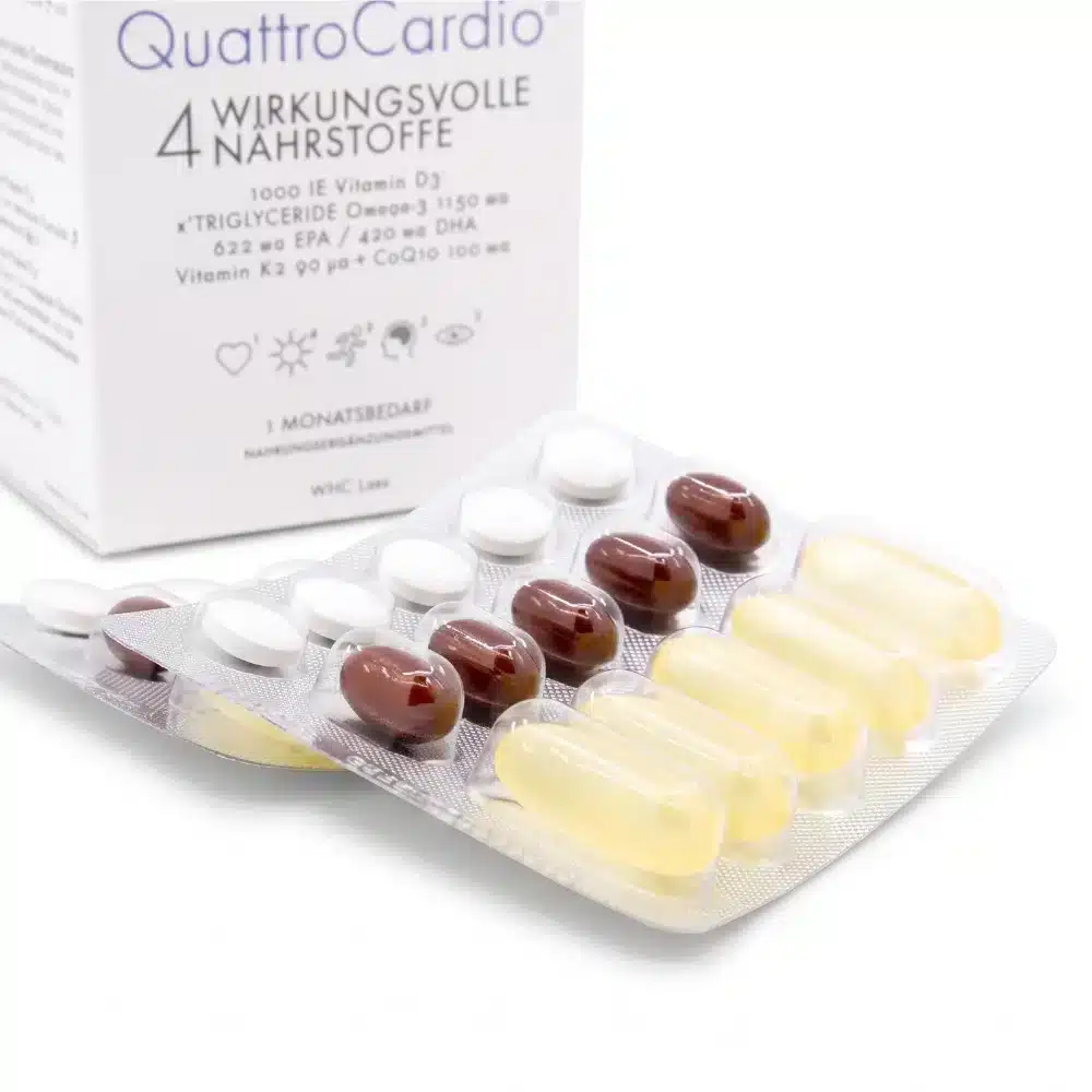 WHC QuattroCardio® (OMEGA-3 fatty acids, vitamin D3, K2 and Q10 ubiquinol) | 90 capsules. Feedimage.
