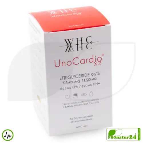 WHC UnoCardio® X2 | 90% OMEGA-3 Fatty Acids, 1150 mg | 60 Orange-flavored Softgel Capsules